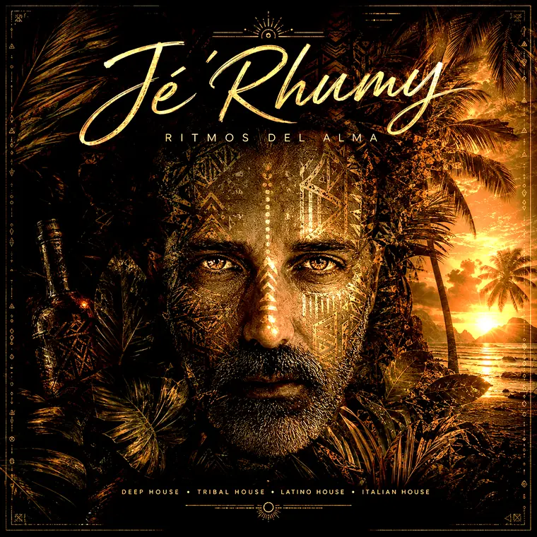 Ritmos del Alma — pochette de l'album de Jé'Rhumy : portrait tribal doré encadré de feuillages de jungle et d'un coucher de soleil tropical