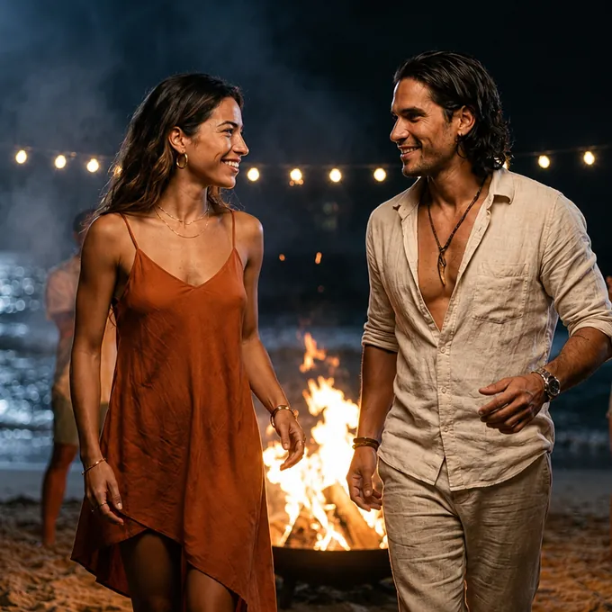 Esta Noche Es Nuestra — pochette du single de Jé'Rhumy : un couple danse près d'un feu de camp sur la plage