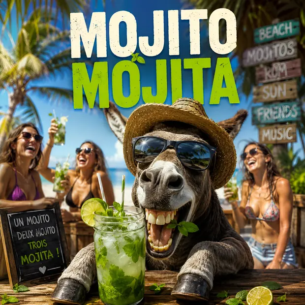 Mojito Mojita — pochette du single de Jé'Rhumy : un âne en chapeau de paille et lunettes de soleil dans un bar de plage