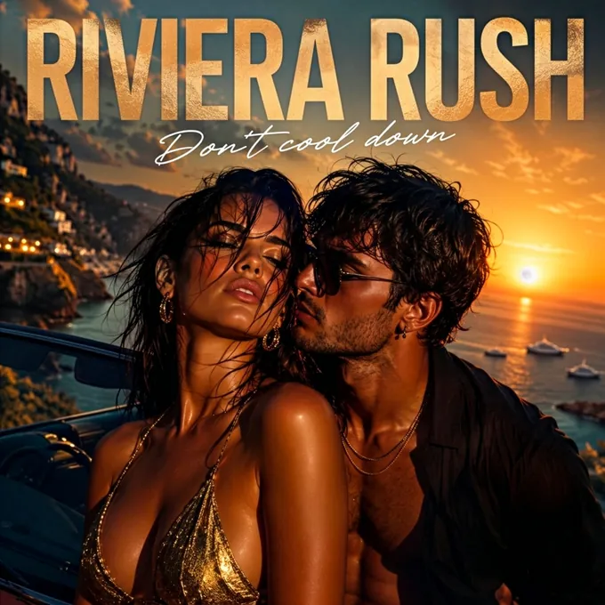 Riviera Rush (Don't cool down) — pochette du single de Jé'Rhumy : un couple en cabriolet sur la côte italienne au coucher du soleil