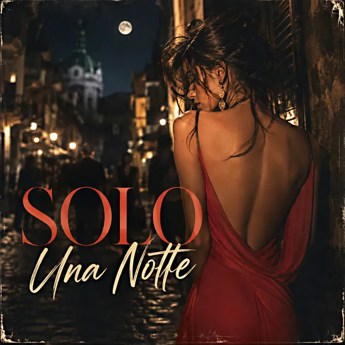 Solo Una Notte — pochette du single de Jé'Rhumy : une femme en robe rouge dans une ruelle de vieille ville au clair de lune